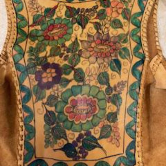 70s Char Leather & Suede Hand Painted Floral Vest Hippie Boho Bohemian Woodstock - Picture 9 of 9
